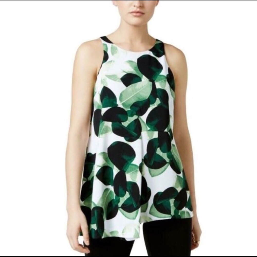 Alfani Petite Leaf Print Asymmetrical Hem Top